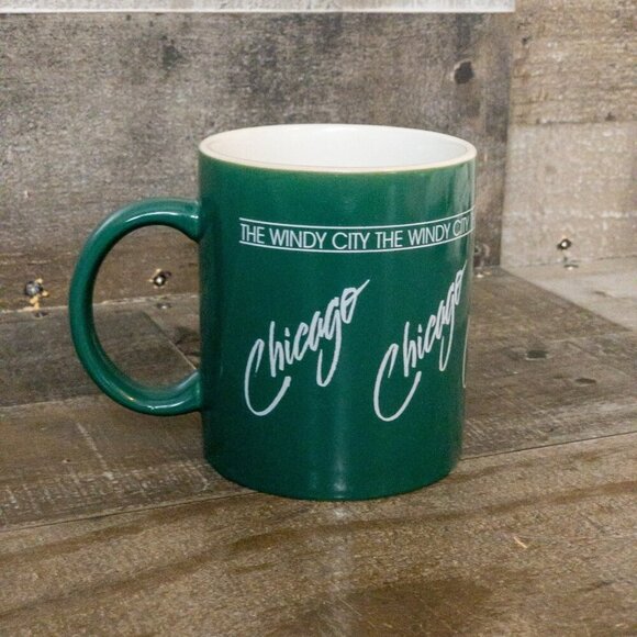VINTAGE CHICAGO THE WINDY CITY COFFEE MUG RETRO DINER CUP CERAMIC GREEN - Picture 2 of 6